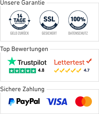 Unsere Garantie, Top Bewertungen und Sichere Zahlung Logos Unsere Garantie, Top Bewertungen und Sichere Zahlung Logos