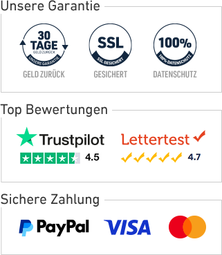 Unsere Garantie Logos 30 Tage Geld zurück, SSL gesichert und 100% Datenschutz + Top Bewertungen logos Trustpilot + Lettertest + Sichere Zahlung Paypal, Visa und Mastercard